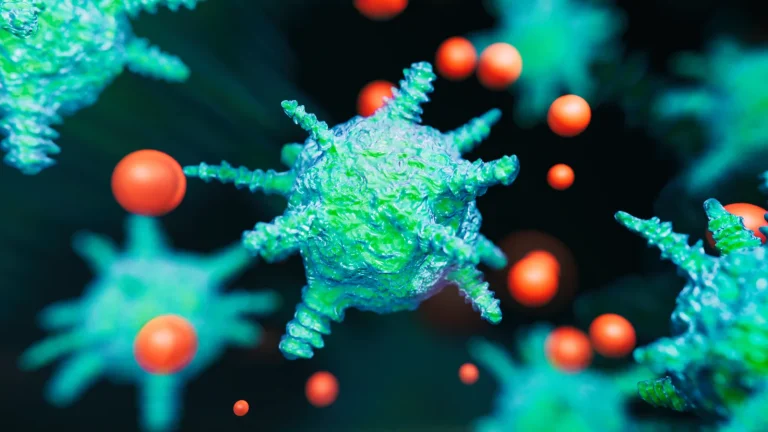 Microscopic, computer-generated illustration of spiky, turquoise and green virus-like particles floating against a dark background, with bright orange spherical markers surrounding them, representing pathogen detection or genomic analysis.